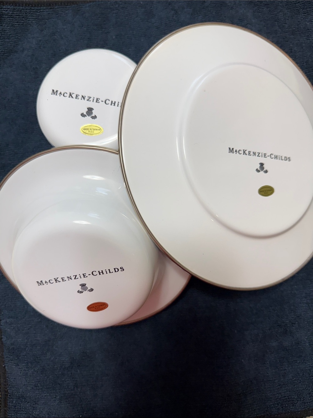 MacKenzie-Childs White and blue kids Dinner Plate  , bowl and cupwith Gold Rim - Picture 8 of 10